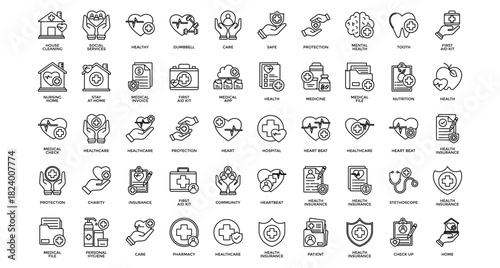 Healthcare heart icon set collection. Containing organ, services, nursing, anatomy, beat, charity, personal .Line vector icons collection