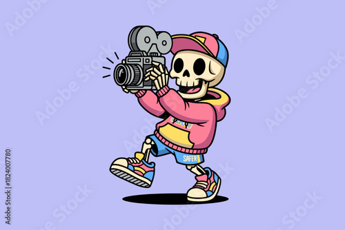 Skeleton character holding an old film camera and taking a pictu