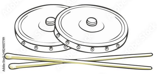 Traditional frame drums and drumsticks outline art illustration