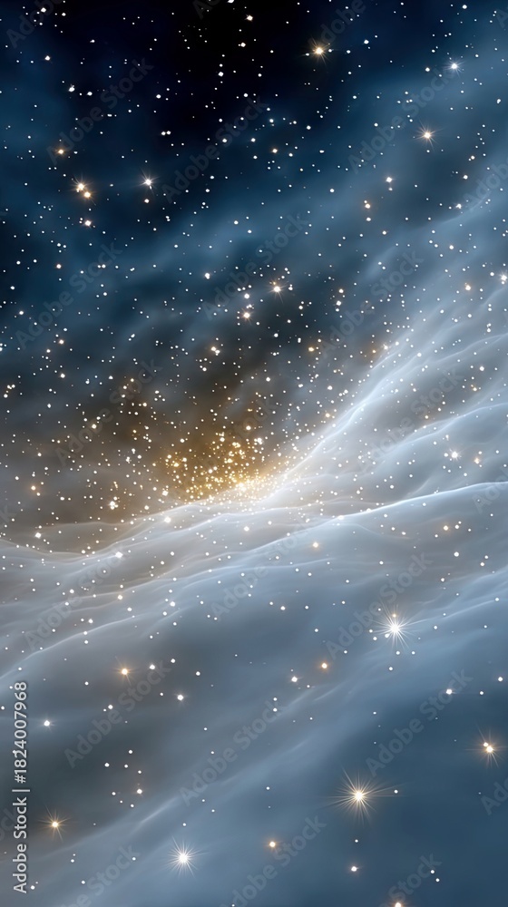 Naklejka premium A vast expanse of deep space, filled with glowing stars and swirling nebulae. The scene is illuminated by the bright light of distant stars and cosmic dust, cre