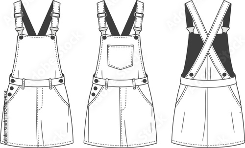 Cad drawing flat vector illustration, denim overall dress design, fashion sketch, technical garment outline, bib front, crossed straps