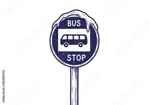 Winter-themed bus stop sign with snow accumulation on top, featuring a clear bus icon, conveying a chilly atmosphere and seasonal transportation concept