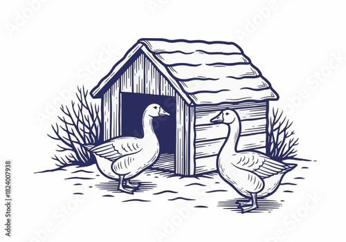 Two geese standing in front of a rustic wooden barn with a snow-covered roof, surrounded by winter scenery, showcasing a serene and peaceful winter farm atmosphere