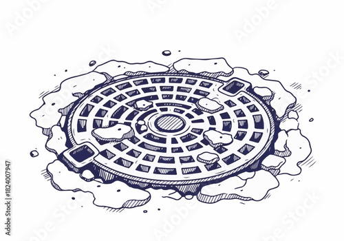 Detailed illustration of a manhole cover surrounded by cracked pavement and debris, showcasing urban infrastructure and maintenance challenges in winter conditions