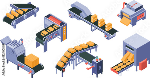 Isometric food processing conveyor machines with cookies and boxes, 3D factory production line equipment, automated bakery manufacturing system
