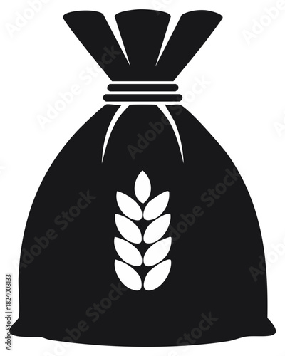 Black bag of flour icon with a wheat ear symbol vector illustration.