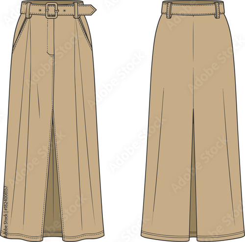 Cad drawing flat vector illustration, wide-leg trouser design, fashion sketch, technical garment outline, high waist, belt detail, front slit