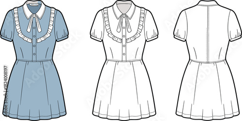 Cad drawing flat vector illustration, puff sleeve dress design, fashion sketch, technical garment outline, Peter Pan collar, ruffle trim