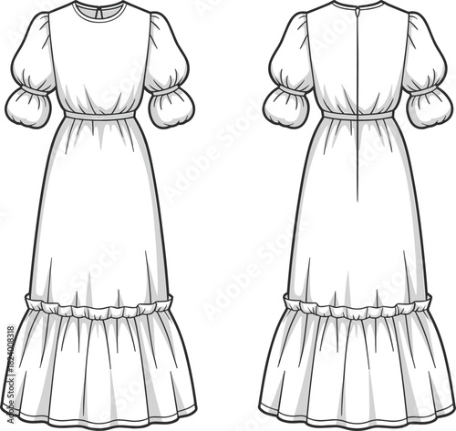 Cad drawing flat vector illustration, long puff sleeve dress, tiered skirt design, fashion sketch, technical garment outline, ruffle detail