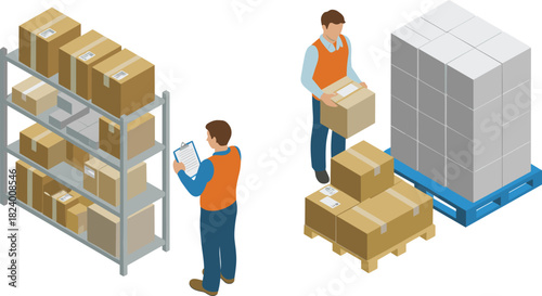 Isometric illustration of warehouse workers checking inventory, organizing boxes on shelves, and inspecting goods on pallets for logistics and storage operations