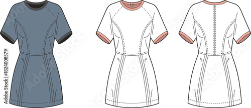 Cad drawing flat vector illustration, puff sleeve dress design, fashion sketch, technical garment outline, Peter Pan collar, U-shaped ruffle