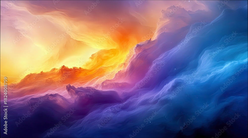 Fototapeta premium A vibrant and colorful cosmic nebula, with swirling clouds of orange and yellow on the left, transitioning to deep blues and purples on the right. Tiny stars ar