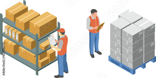 Isometric illustration of warehouse workers checking inventory, organizing boxes on shelves, and inspecting goods on pallets for logistics and storage operations