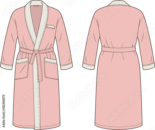 Cad drawing flat vector illustration, bathrobe design with shawl collar, fashion sketch, technical garment outline, belt closure, patch pockets