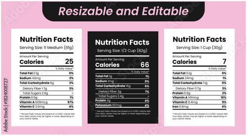 Nutrition facts label templates for food packaging and information design, nutrition facts, supplement facts, nutrition information