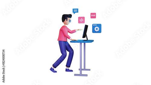 creative business types of icons ,3D Illustration of Data Analysis with Charts, Magnifying Glass, Gear, and Cloud Computing Icons