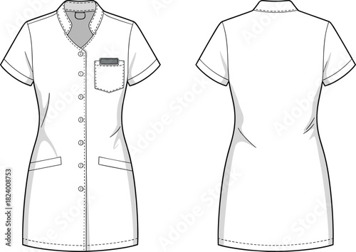 Cad drawing flat vector illustration, short sleeve medical dress, button front tunic, uniform design, technical fashion sketch, healthcare apparel