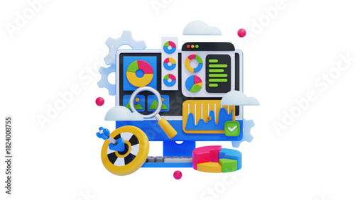 creative business types of icons ,3D Illustration of Data Analysis with Charts, Magnifying Glass, Gear, and Cloud Computing Icons