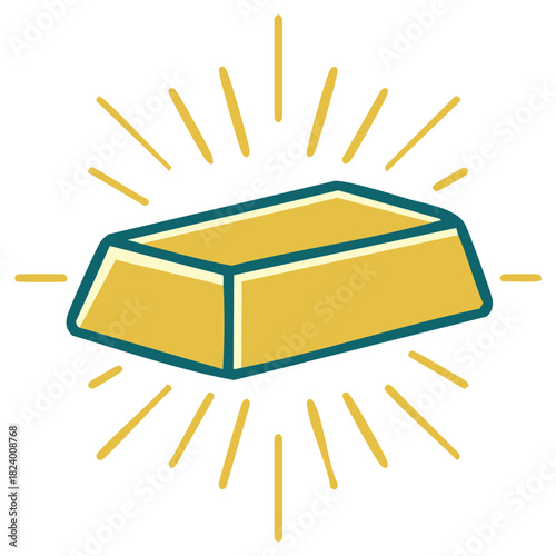 Shiny Gold Bar with Rays, Retro Icon Style, Treasure Wealth Concept