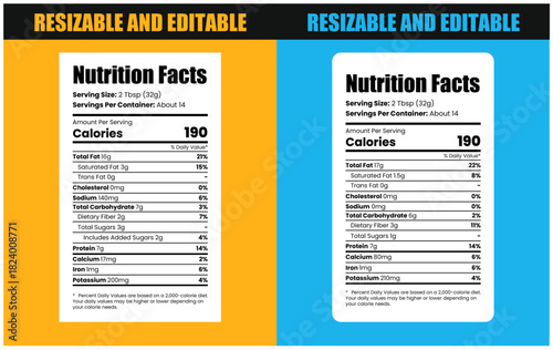 Nutrition facts label template for food packaging with editable text fields, nutrition chart, food nutrition facts, nutrition facts