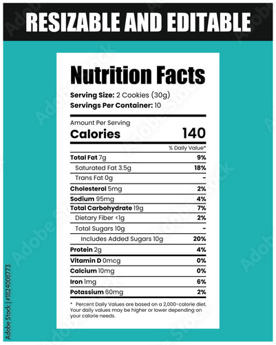 Nutrition facts label template for food packaging and product information, nutrition facts, nutritional value