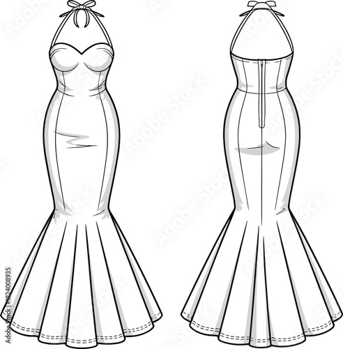 Cad drawing flat vector illustration, halter mermaid gown design, fashion sketch, technical garment outline, sweetheart neckline, panel seams