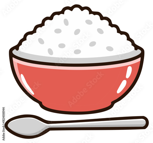 Simple cartoon illustration of a red bowl filled with white rice and a spoon