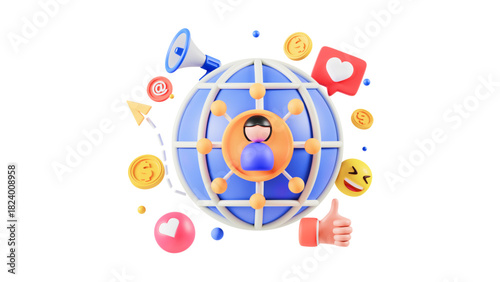 creative business types of icons ,3D Illustration of Data Analysis with Charts, Magnifying Glass, Gear, and Cloud Computing Icons