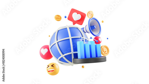 creative business types of icons ,3D Illustration of Data Analysis with Charts, Magnifying Glass, Gear, and Cloud Computing Icons