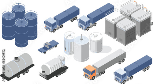 Isometric industrial tanks, containers, trucks, and storage equipment illustration, fuel tankers, cargo vehicles, chemical storage units, factory assets