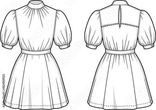 Cad drawing flat vector illustration, puff sleeve dress design, fashion sketch, technical garment outline, gathered neckline, waistband, pleated skirt