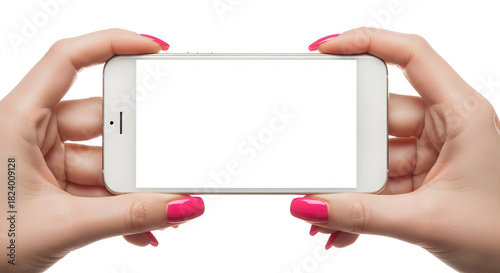 Female hands holding white smartphone horizontally with blank screen isolated mockup