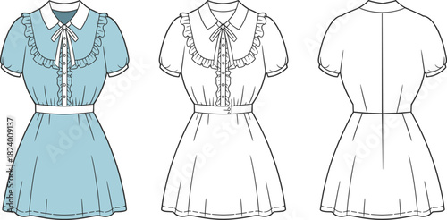 Cad drawing flat vector illustration, puff sleeve dress design, fashion sketch, technical garment outline, Peter Pan collar, bow tie