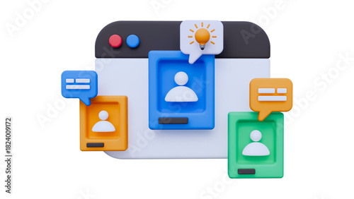 3D Illustration of Web Browser Window with User Profiles and Speech Bubbles Indicating Online Communication