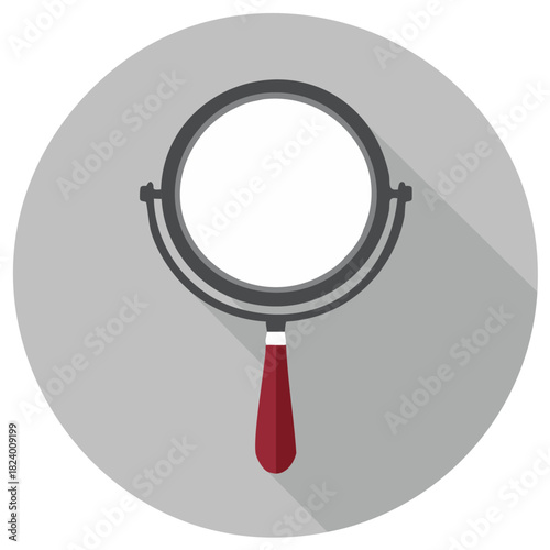 Flat design icon of a tabletop magnifying glass with a dark handle and frame on a grey circle with a long shadow