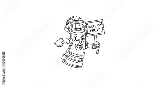 Cartoon Fire Hydrant Character Holding Safety Sign with Helmet and Smile