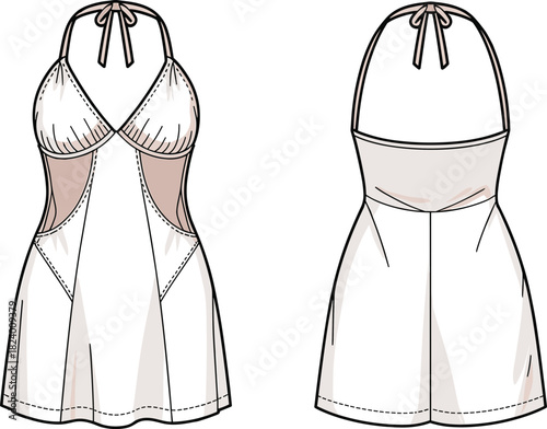 Cad drawing flat vector illustration, halter dress design, fashion sketch, technical garment outline, crossover bodice, mesh side panels