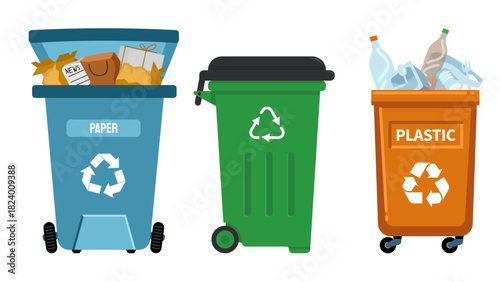 Three Recycling Bins for Paper, Plastic, and General Waste in Cartoon Style