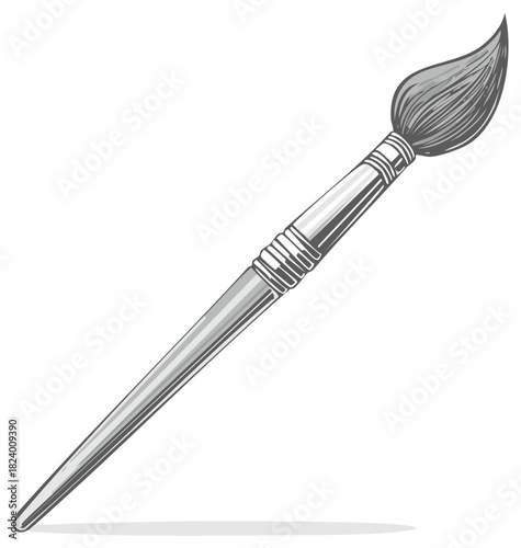 Detailed illustration of a silver and gray paintbrush with visible bristle strands and handle detailing
