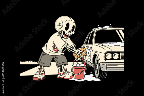 Skeleton washing a car with a bucket and sponge.