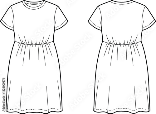 Cad drawing flat vector illustration, short sleeve dress design, fashion sketch, technical garment outline, round neckline, gathered waist, curved hem