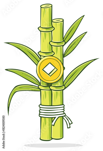 Bamboo Stalks with Lush Green Leaves Tied with String and a Traditional Chinese Coin for Good Luck