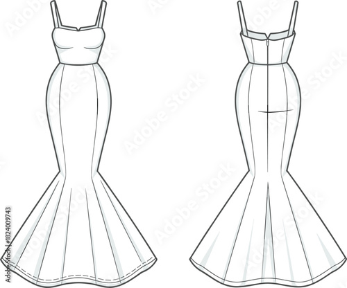 Cad drawing flat vector illustration, mermaid dress design, fashion sketch, technical garment outline, sweetheart neckline, flared skirt panels