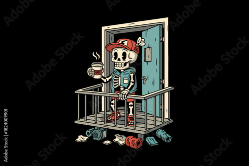 Skeleton enjoying coffee on balcony with trash below.