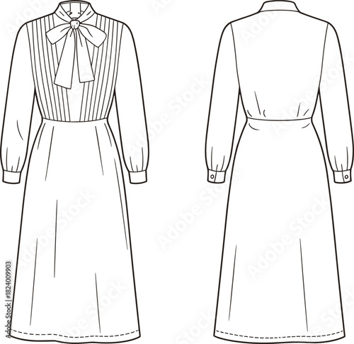 Cad drawing flat vector illustration, midi dress with bow neckline, fashion sketch, technical garment outline, pleated bodice, cuffed sleeves