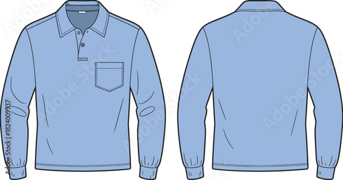 Cad drawing flat vector illustration, long sleeve polo shirt design, fashion sketch, technical garment outline, chest pocket, ribbed cuffs
