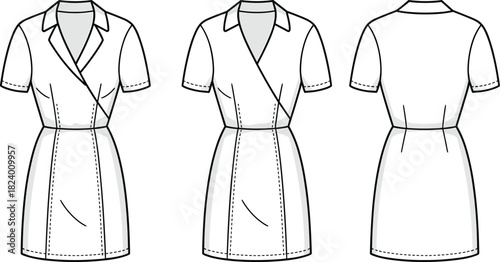 Cad drawing flat vector illustration, wrap dress design, fashion sketch, technical garment outline, notched lapel collar, cuffed sleeves, tie waist
