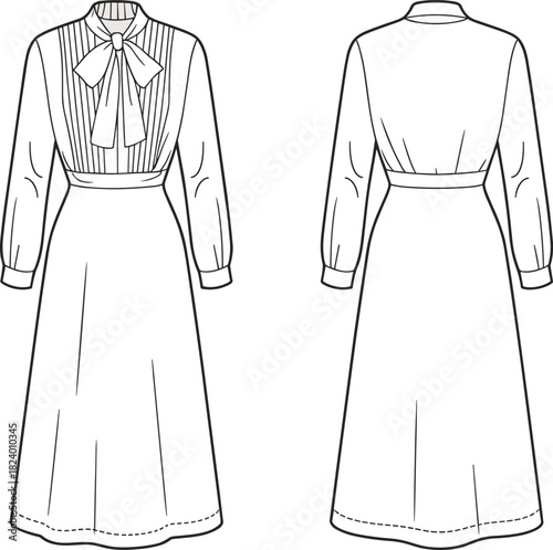 Cad drawing flat vector illustration, pleated midi dress design, bow neckline fashion sketch, technical garment outline, long sleeve cuffs