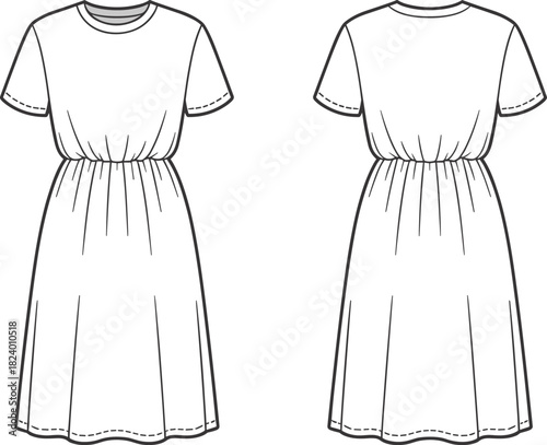 Cad drawing flat vector illustration, midi dress design, fashion sketch, technical garment outline, round neckline, short sleeves, gathered waist