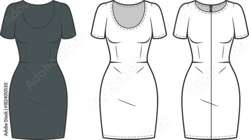 Cad drawing flat vector illustration, fitted short sleeve dress design, fashion sketch, technical garment outline, darts, seams, back zipper
